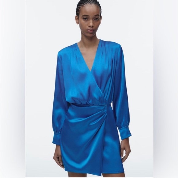 Zara Blue Satin Long Sleeve Dress - Picture 7 of 11